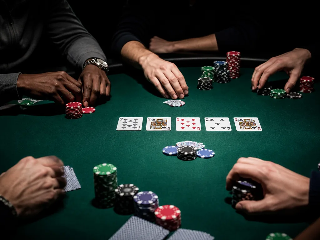Pokerbord med staplade casinochips och spelkort under ett dramatiskt spotlight — symboliserar Anton Wiggs EPT Copenhagen-seger 2010