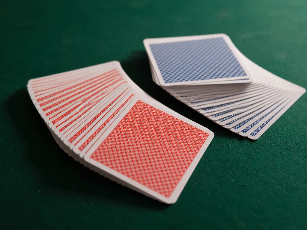 Klassisk kortlek fläktad ut på grönt casinofilt, röd och blå kortlek bredvid varandra