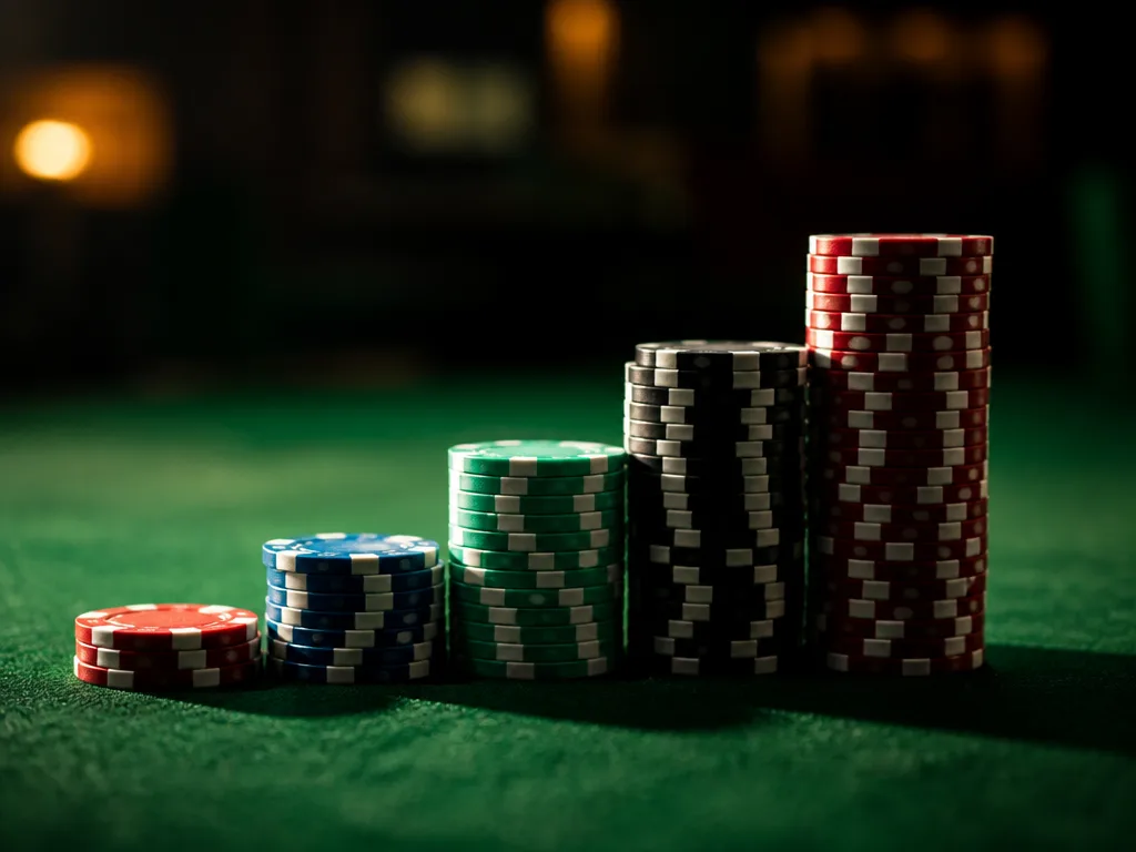Hög med pokermarker på grön bordsduk med dramatisk sidobelysning