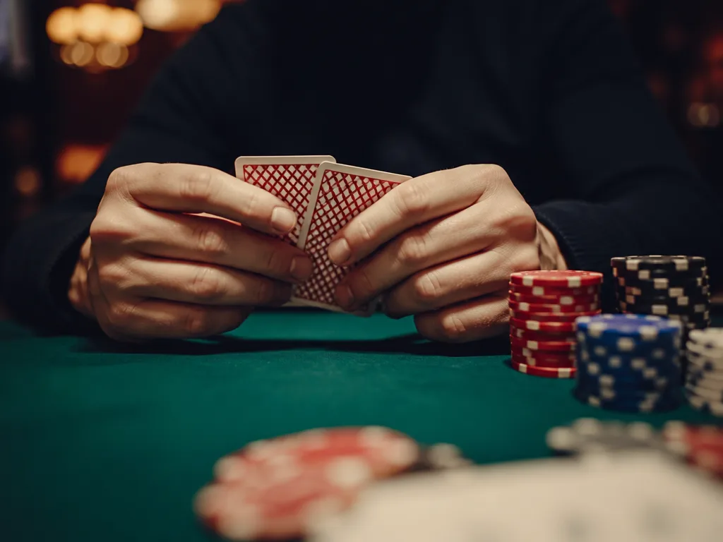 Pokerbord med marker och spelkort i klassisk kasinomiljö