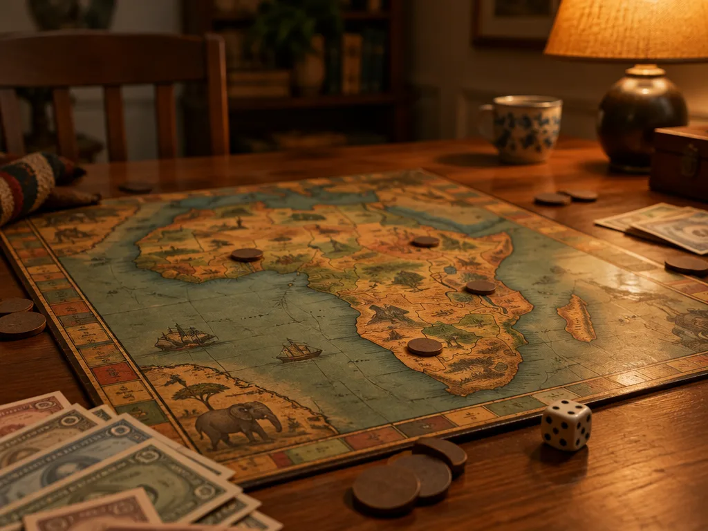 Ett gammalt brädspel med en illustrerad karta över Afrika, runda marker, en tärning och sedlar på ett träbord i lampljus