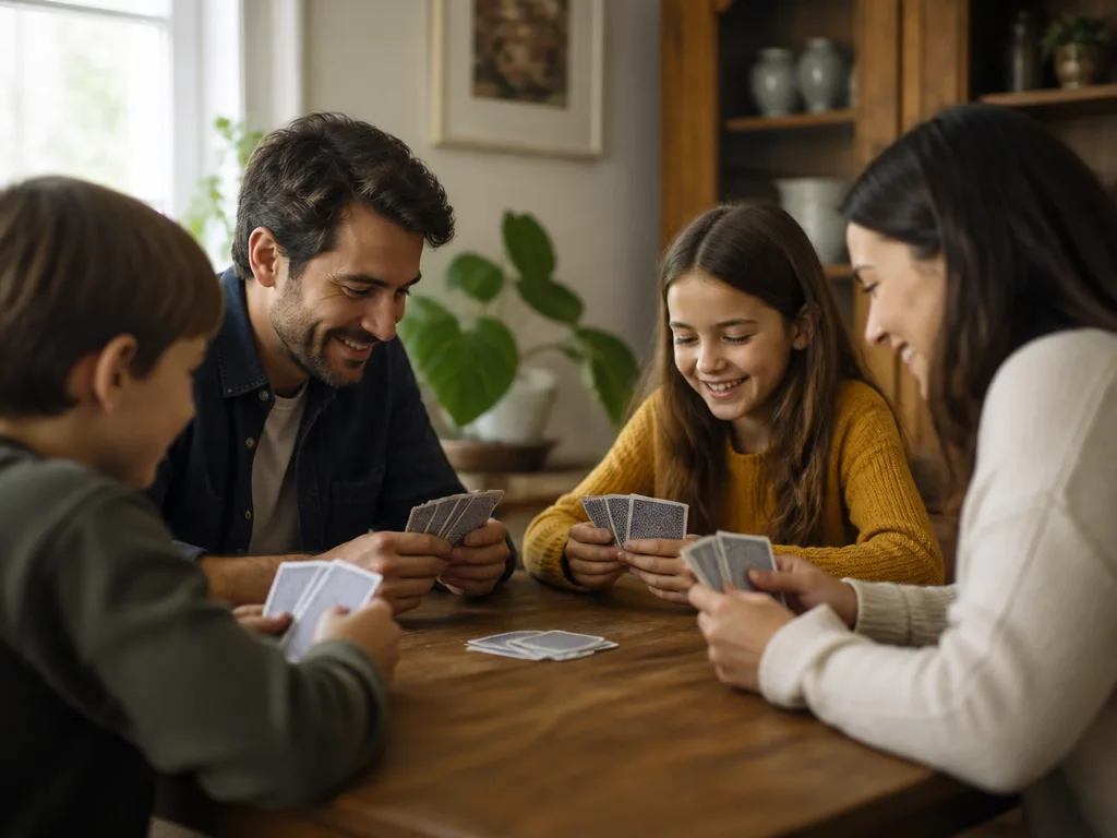 Familj som spelar kortspel tillsammans vid ett bord, med kort i händerna
