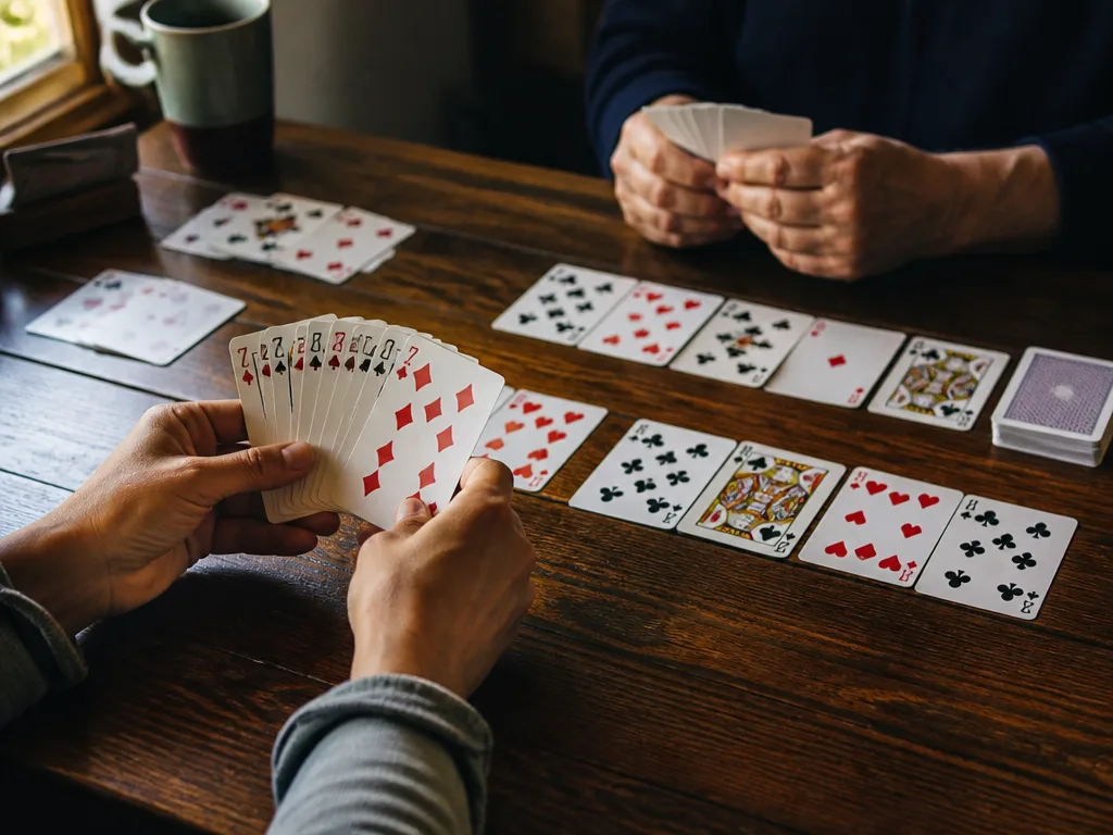 Två spelare lägger ut kortkombinationer i gin rummy på ett träbord i varmt ljus