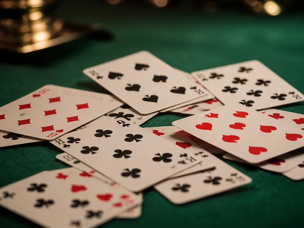 Spelkort utspridda på ett grönt pokerbord med alla fyra färger synliga