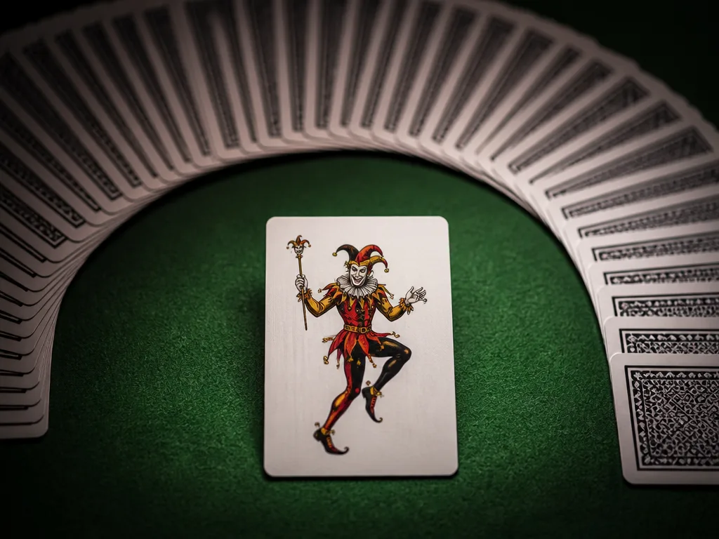 Joker-kort placerat på grönt casinofilt omgivet av spelkort i en halvbåge
