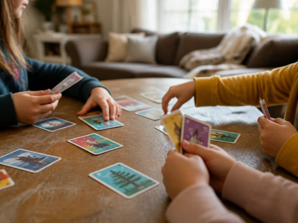 Barn och en vuxen spelar kortspel tillsammans vid ett träbord