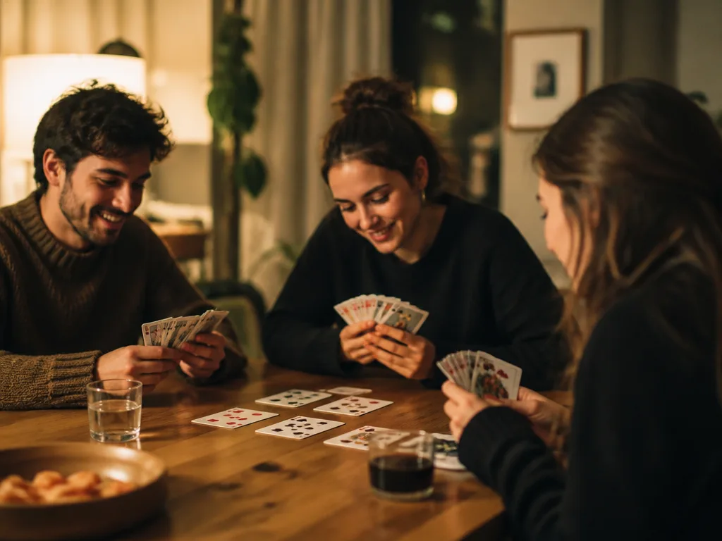 Tre personer sitter runt ett bord och spelar kort med en vanlig kortlek