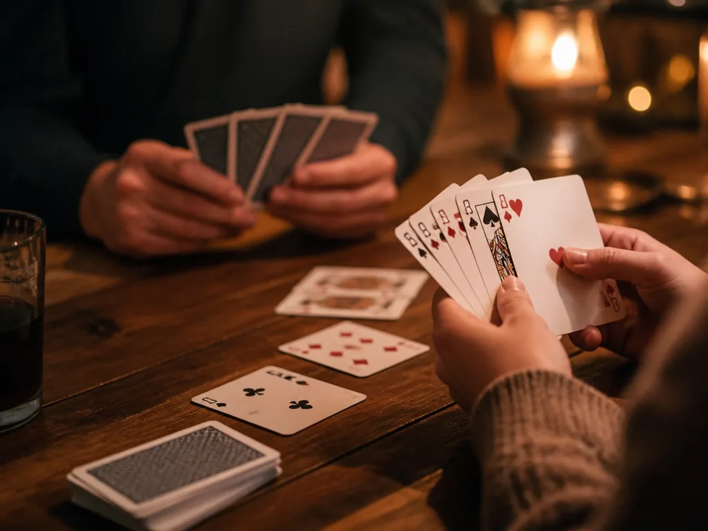 Två händer spelar kort vid ett träbord i varmt kvällsljus, en vanlig kortlek ligger uppradad på bordet