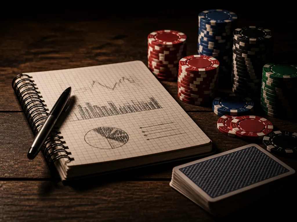 Anteckningsblock med statistik bredvid pokermarker och en kortlek på ett bord