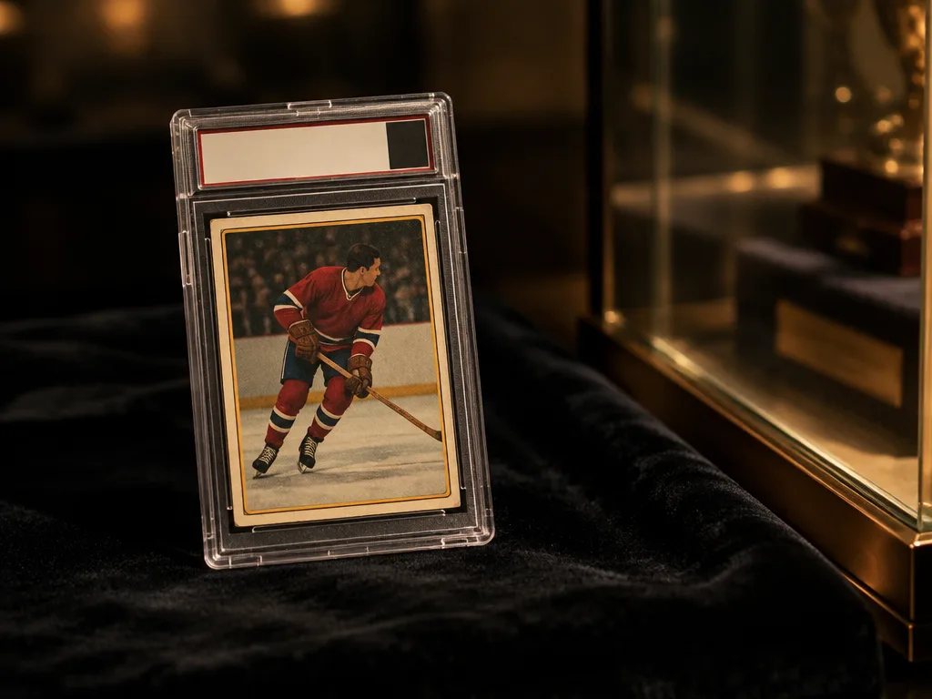 Graderat vintage hockeykort i plastkapsel på mörk sammet bredvid en upplyst glasmonter