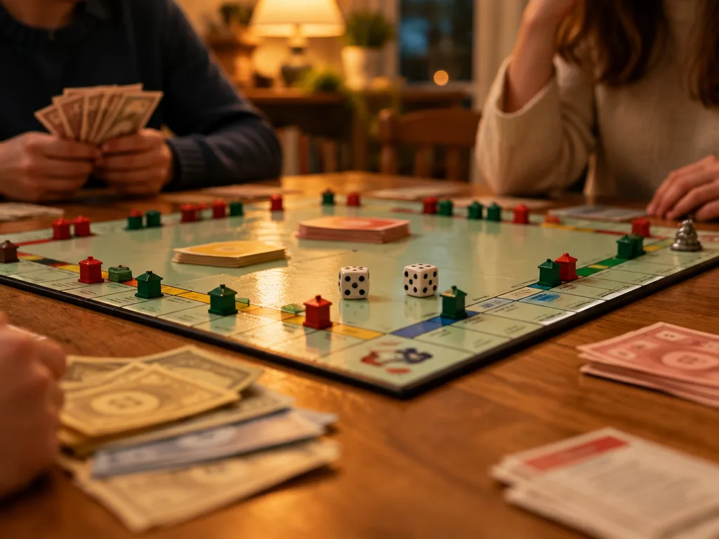 Ett pågående parti fastighetsspel på ett köksbord med gröna hus, röda hotell, två tärningar och sedelbuntar i kvällsljus