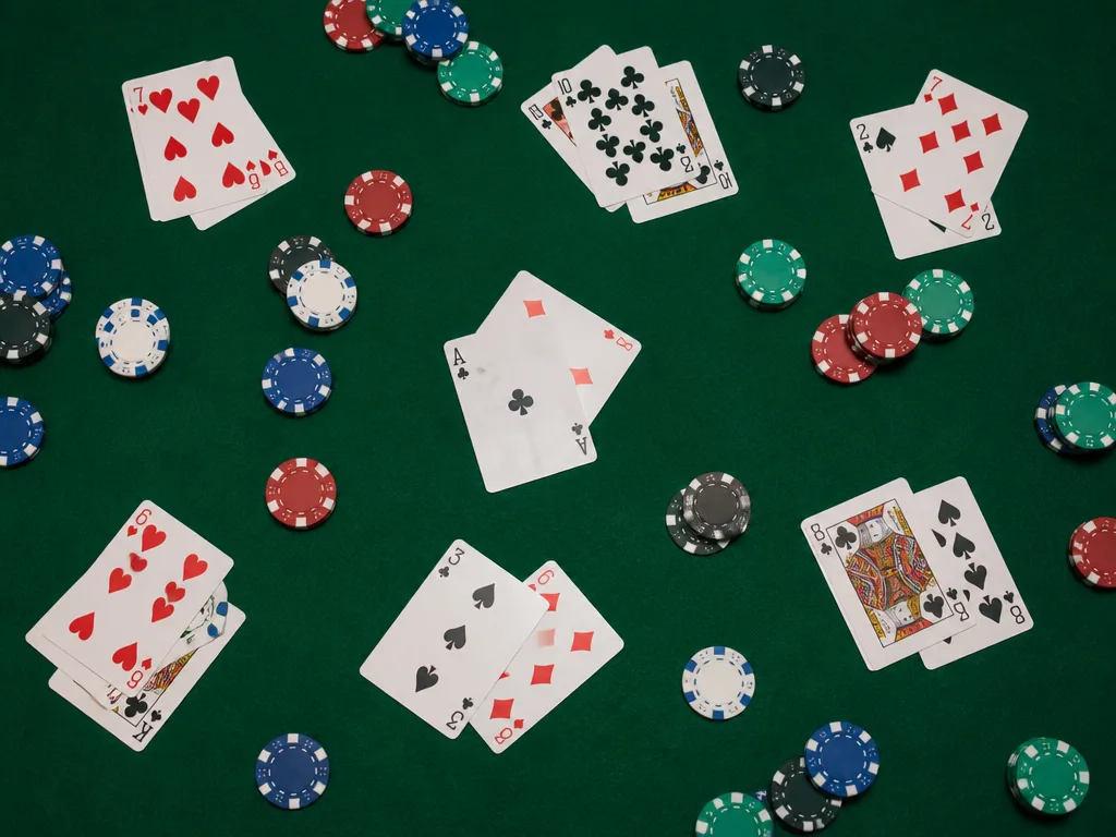 Spelkort och pokermarker utspridda på ett grönt pokerbord, en översikt över olika pokerspel