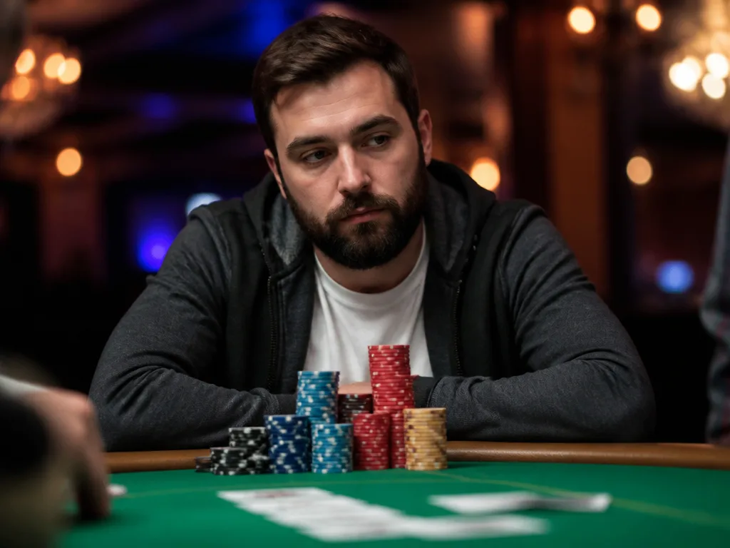 Poker spelare vid grönt casinobord med marker och spelkort i dramatisk casinobelysning