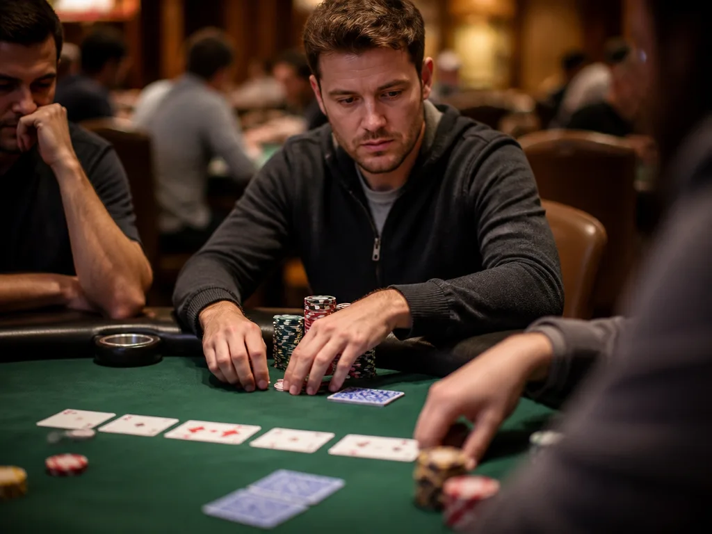 Professionellt pokerbord med grön spelduk, pokermarker och kort i varmt ljus