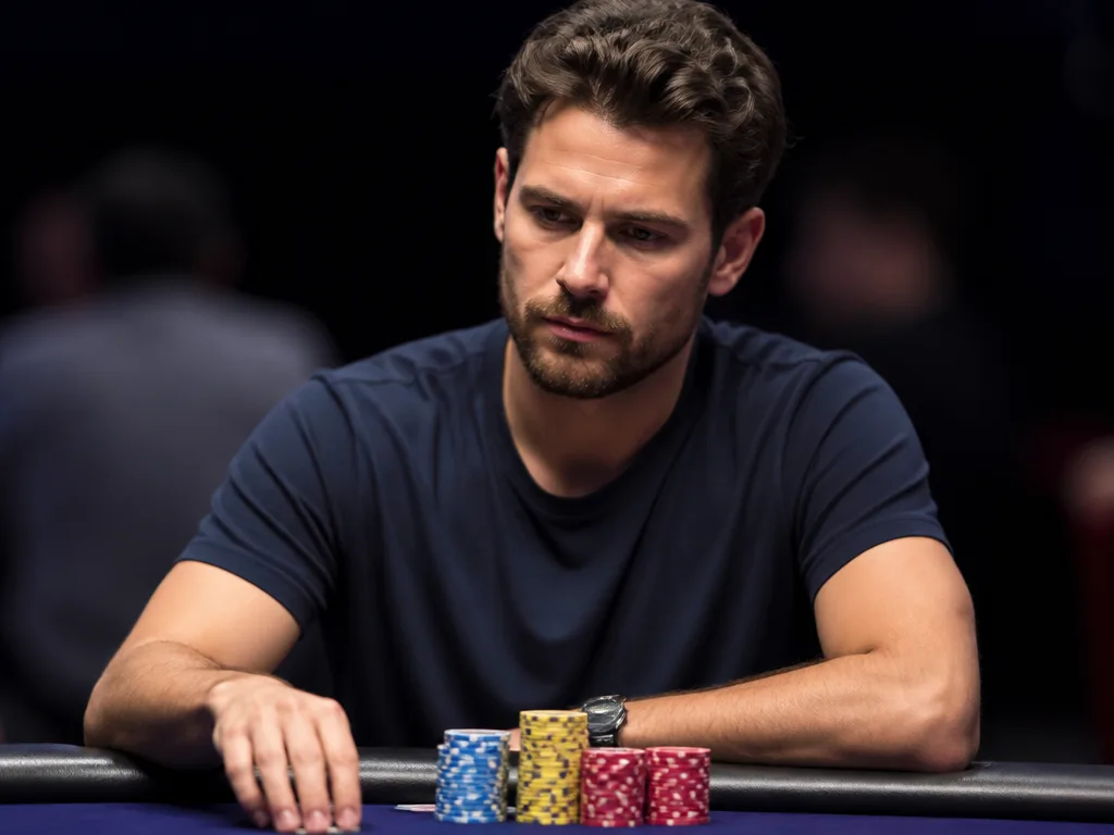 Professionell pokerspelare vid turneringsbord med markers och kort i fokus