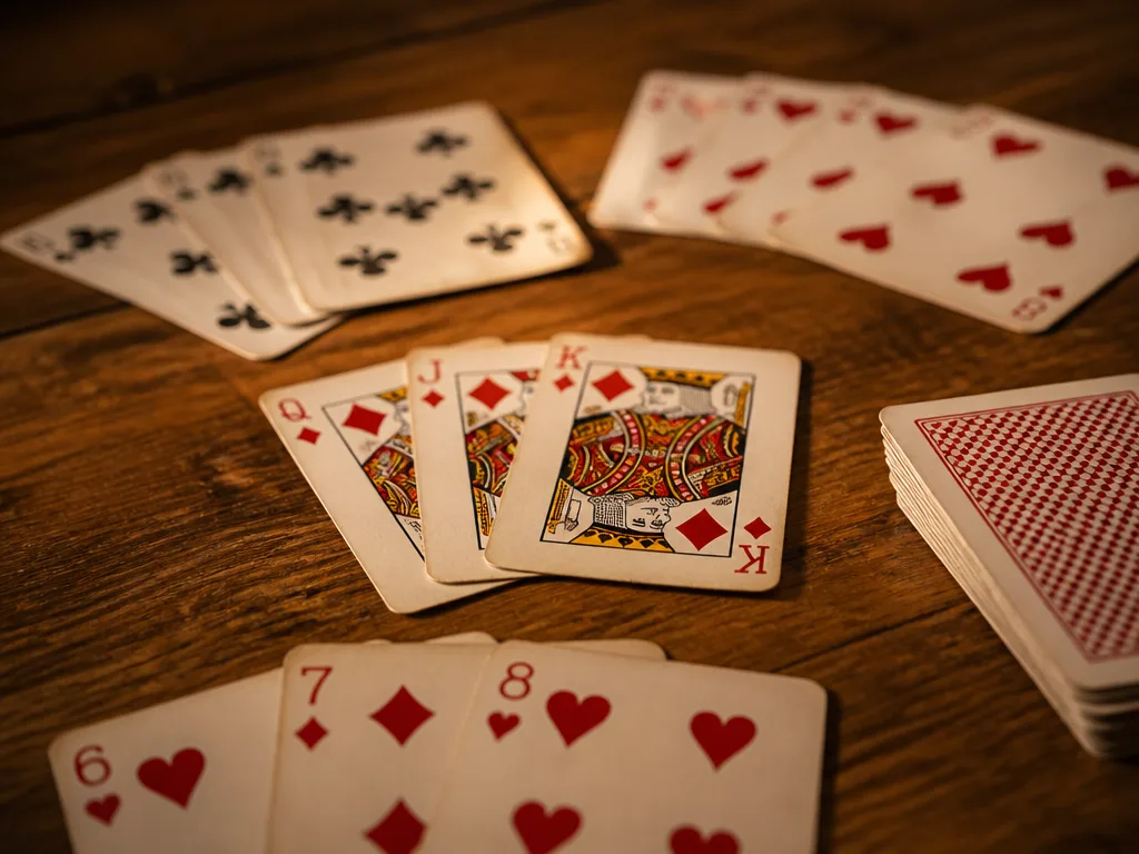 Spelkort utlagda i kombinationer på ett träbord i varmt ljus, typiskt för rummy kortspel