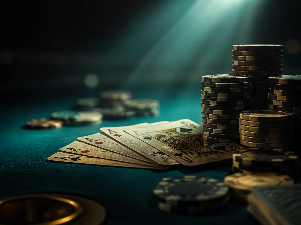 Pokerbord med spelkort och casinochips under ett dramatiskt spotlight — symboliserar Sofia Lövgrens pokerprofil