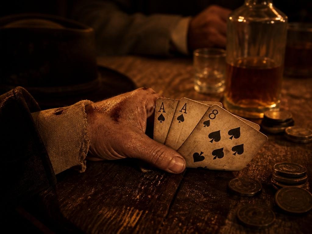 Spelkort med svarta ess och åttor på ett slitet pokerbord — döda mannens hand
