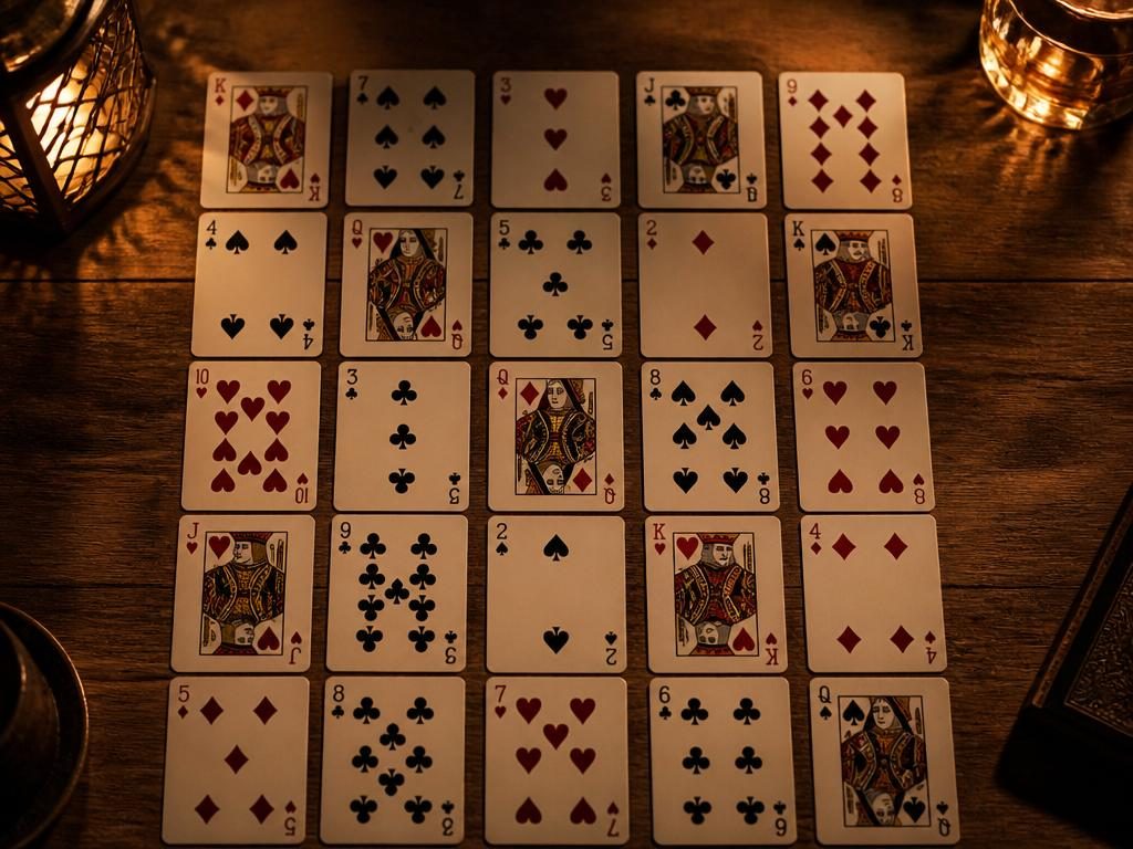 Kortlek upplagd i ett 5x5-rutnät på ett bord för poker patiens