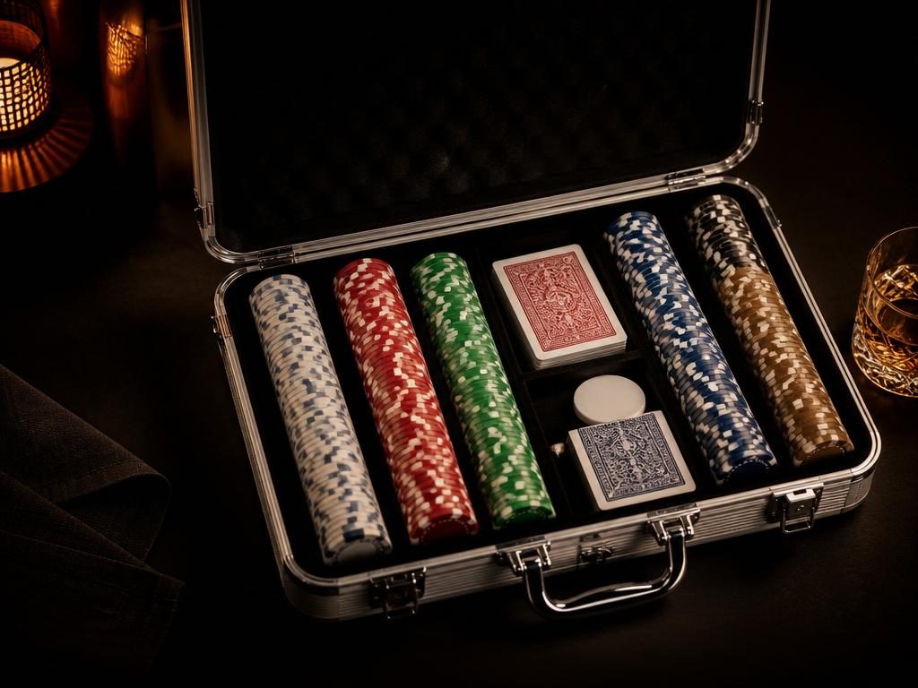 Pokerset med clay composite-marker i aluminiumväska på ett pokerbord