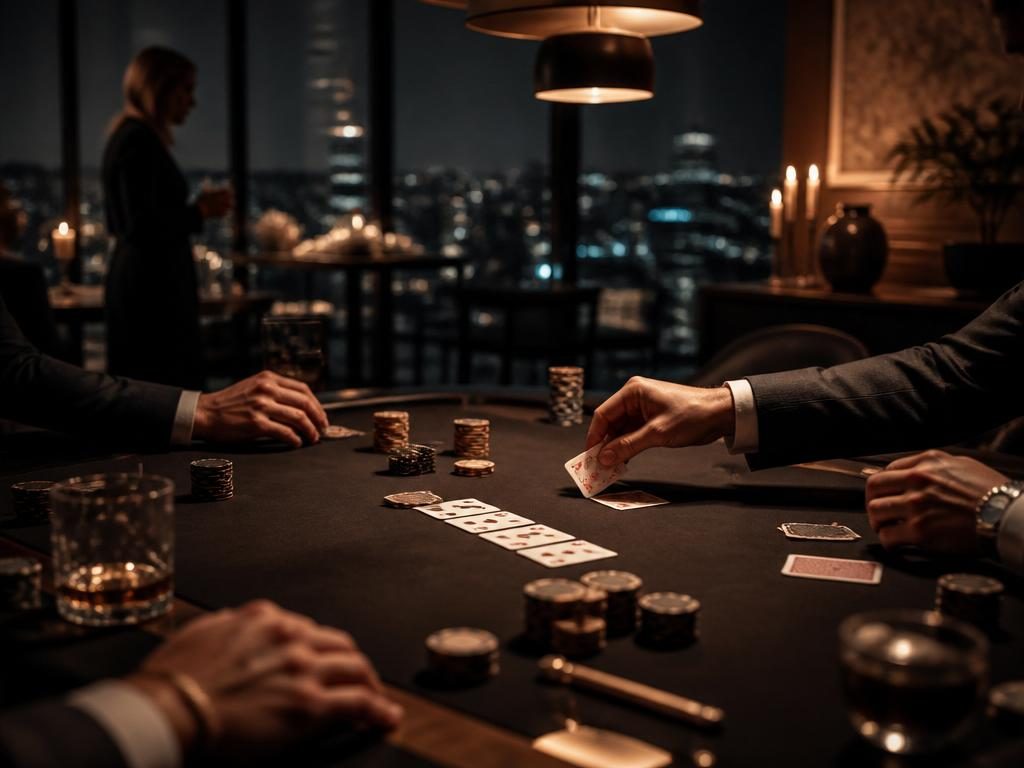 Pokerbord med spelmarker och kort i Stockholm-miljö